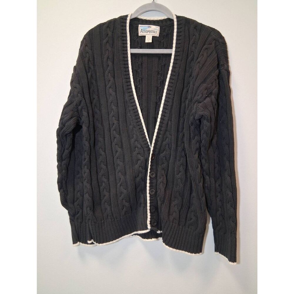 Y2k vintage Aeropostale womens sweater cardigan chunky cable knit cotton black